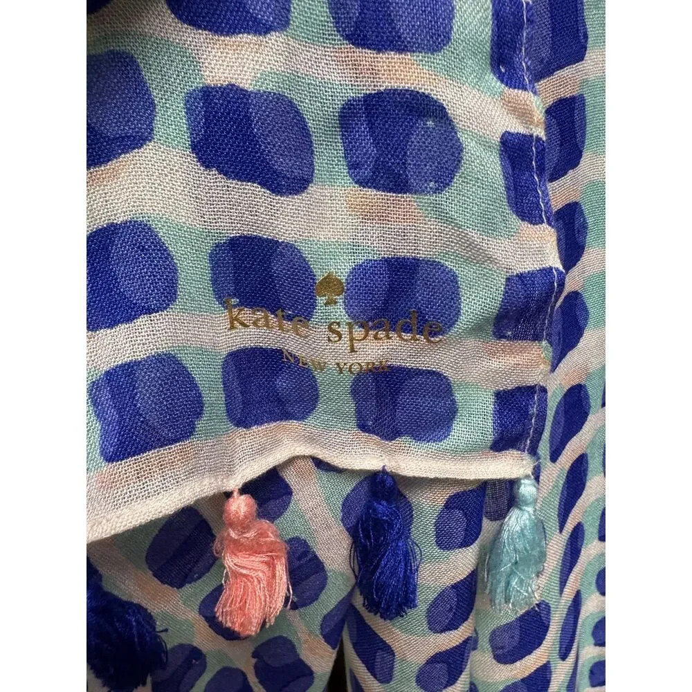 NWT - KATE SPADE Island Stamp Scarf, Blue/White/Pink/Turquoise, Tassels
